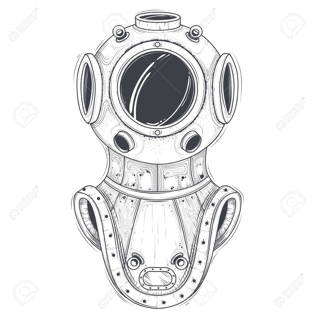 アンティークの重い真鍮や銅ダイビング ヘルメット ライン アート ベクトル イラスト白背景に分離します ビンテージのスキューバ ダイビングのスーツの一部 深海ダイビングのダイバー産業機器水中レスキュー作品のイラスト素材 ベクタ Image