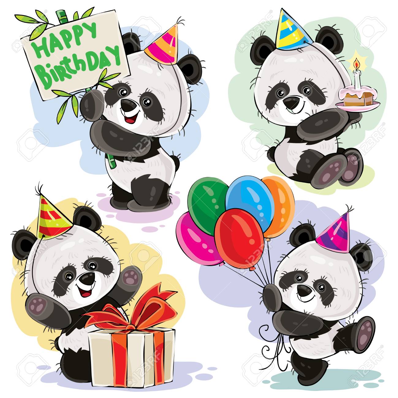 Cute panda bears baby cartoon characters celebrating birthday with cake, balloons and present in box vector illustration set isolated on white background for greeting card, birthday party invitation - 87472334 Cute panda bears baby cartoon characters celebrating birthday with cake, balloons and present in box vector illustration set isolated on white background for greeting card, birthday party invitation - 87472334
