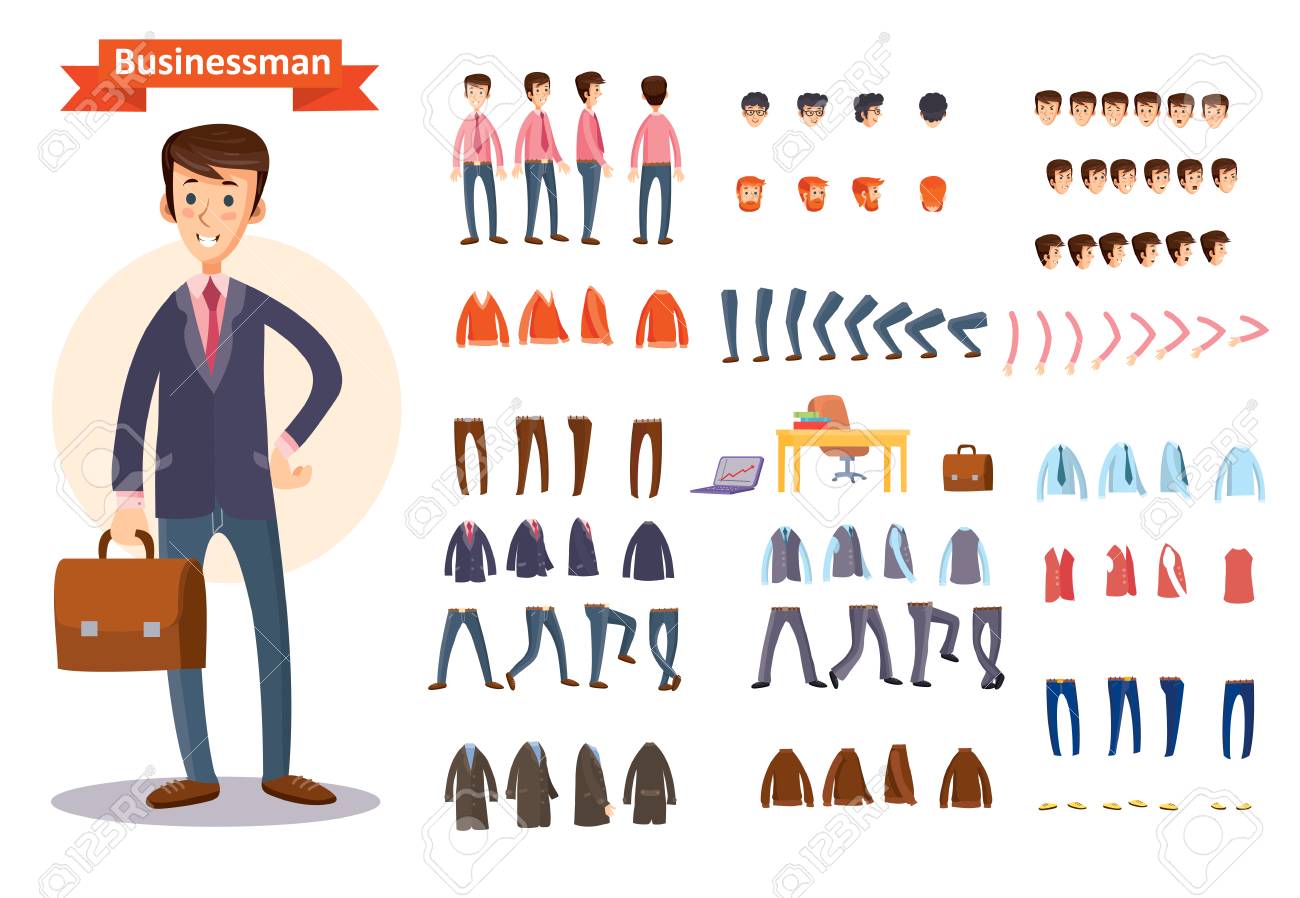 Man, businessman character creating cartoon vector set. Collection of faces, front, side and back view, emotions, hands and feet bent in different positions, formal and casual clothes and accessories - 90595010 Man, businessman character creating cartoon vector set. Collection of faces, front, side and back view, emotions, hands and feet bent in different positions, formal and casual clothes and accessories - 90595010
