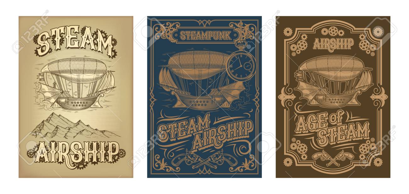 Set vector steampunk posters, illustrations of a fantastic wooden flying ship in the style of engraving with decorative frame of gears and pistols. - 90763935 Set vector steampunk posters, illustrations of a fantastic wooden flying ship in the style of engraving with decorative frame of gears and pistols. - 90763935