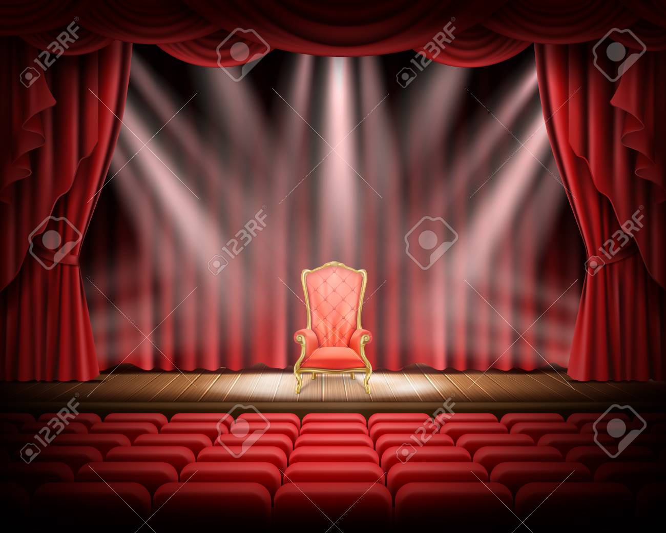 Ouvrir Le Rideau Rouge Et Scène Théâtrale Illuminée Avec Chaise ... Ouvrir Le Rideau Rouge Et Scène Théâtrale Illuminée Avec Chaise ...