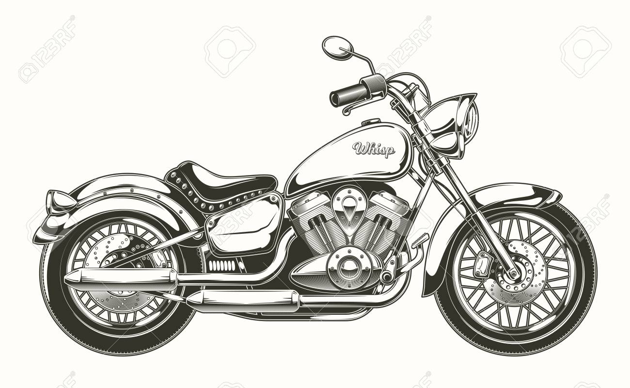 illustration of hand drawn vintage motorcycle classic chopper motorcycle template