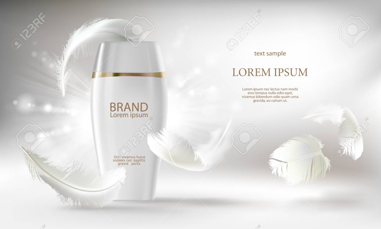 Vector cosmetic banner with 3d realistic white bottle for skin care cream or body lotion, mockup to promotion your brand. Beauty product concept illustration on shiny light background with feathers - 93658095 Vector cosmetic banner with 3d realistic white bottle for skin care cream or body lotion, mockup to promotion your brand. Beauty product concept illustration on shiny light background with feathers - 93658095