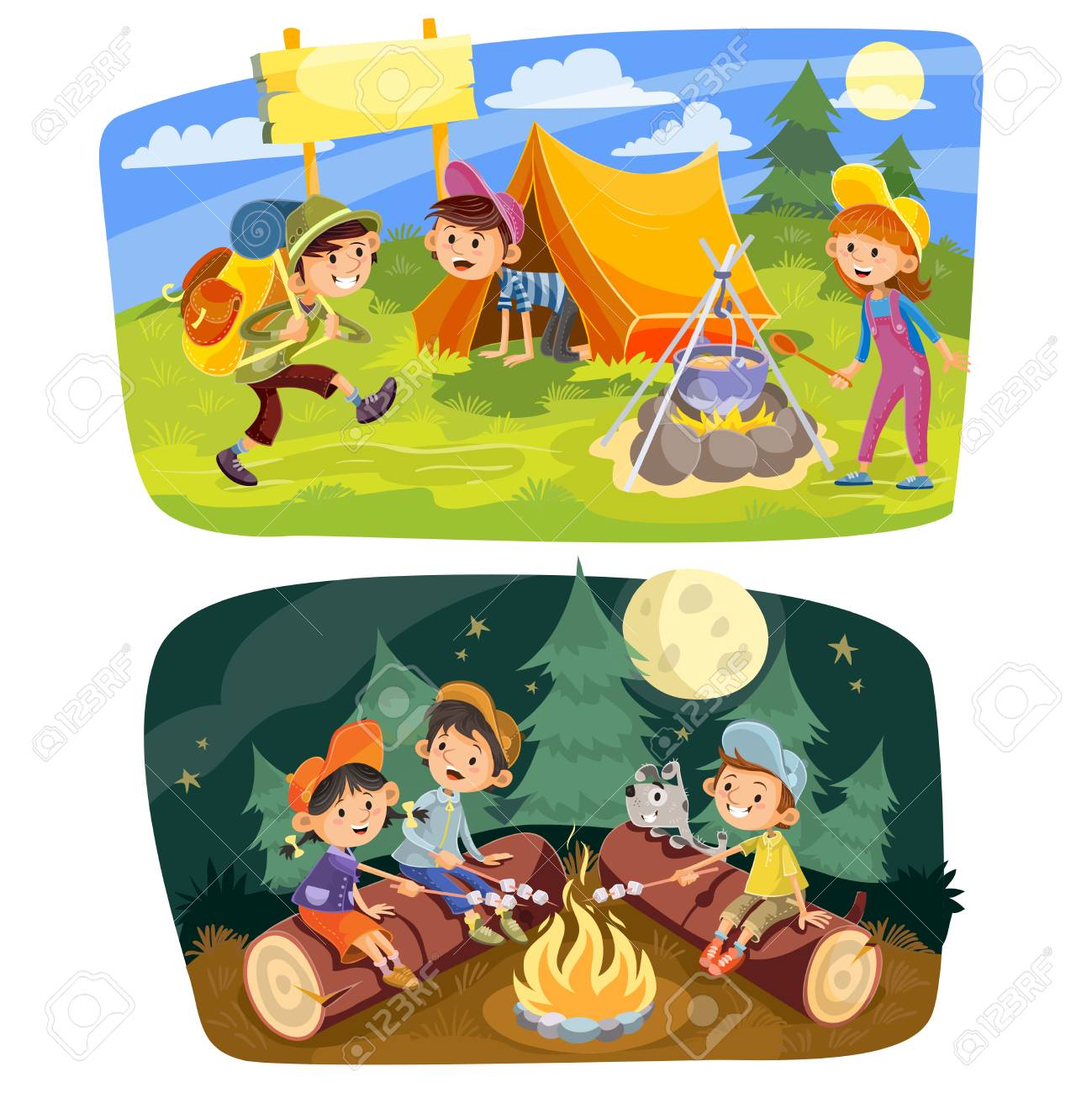 Kids summer camping vector concept illustration. Group of teens make a camp at nature, rest in tent, cook food outdoor and roast marshmallow on campfire in evening time. - 93658096 Kids summer camping vector concept illustration. Group of teens make a camp at nature, rest in tent, cook food outdoor and roast marshmallow on campfire in evening time. - 93658096