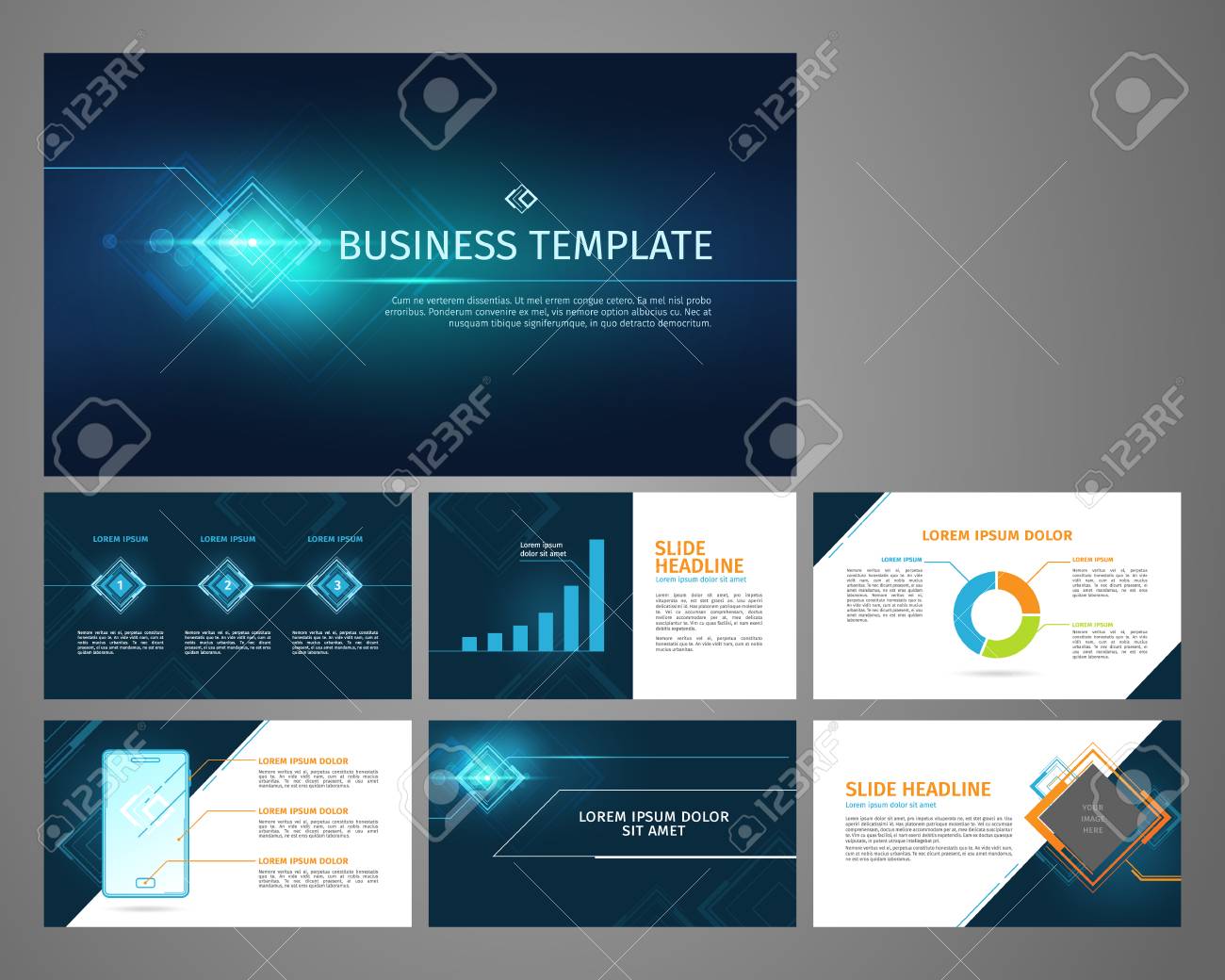 Vector business template set. Blue abstract banner, presentation with infographics, chart, diagram layout. - 93567990 Vector business template set. Blue abstract banner, presentation with infographics, chart, diagram layout. - 93567990