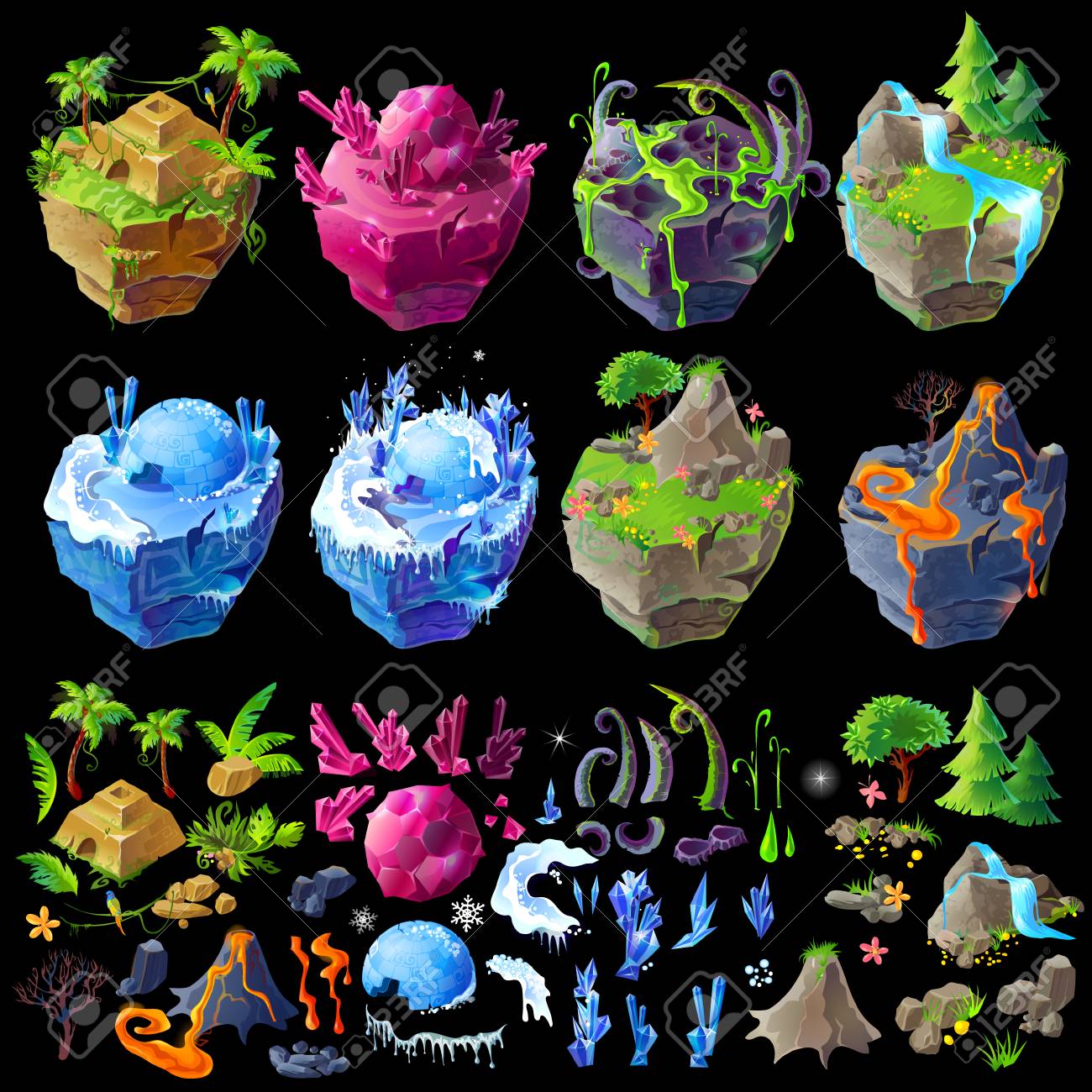 Vector isometric 3d fantastic islands, details for gui, game design. Cartoon illustration of aztec pyramid, winter location, volcanic territory, poisonous lands, waterfall and magic crystals landscape - 95017306 Vector isometric 3d fantastic islands, details for gui, game design. Cartoon illustration of aztec pyramid, winter location, volcanic territory, poisonous lands, waterfall and magic crystals landscape - 95017306