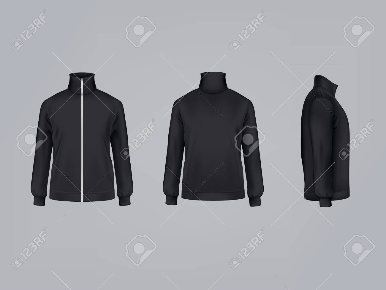 Sport jacket or long sleeve black sweatshirt vector illustration 3D mockup model template front, side and back view. - 95088597 Sport jacket or long sleeve black sweatshirt vector illustration 3D mockup model template front, side and back view. - 95088597