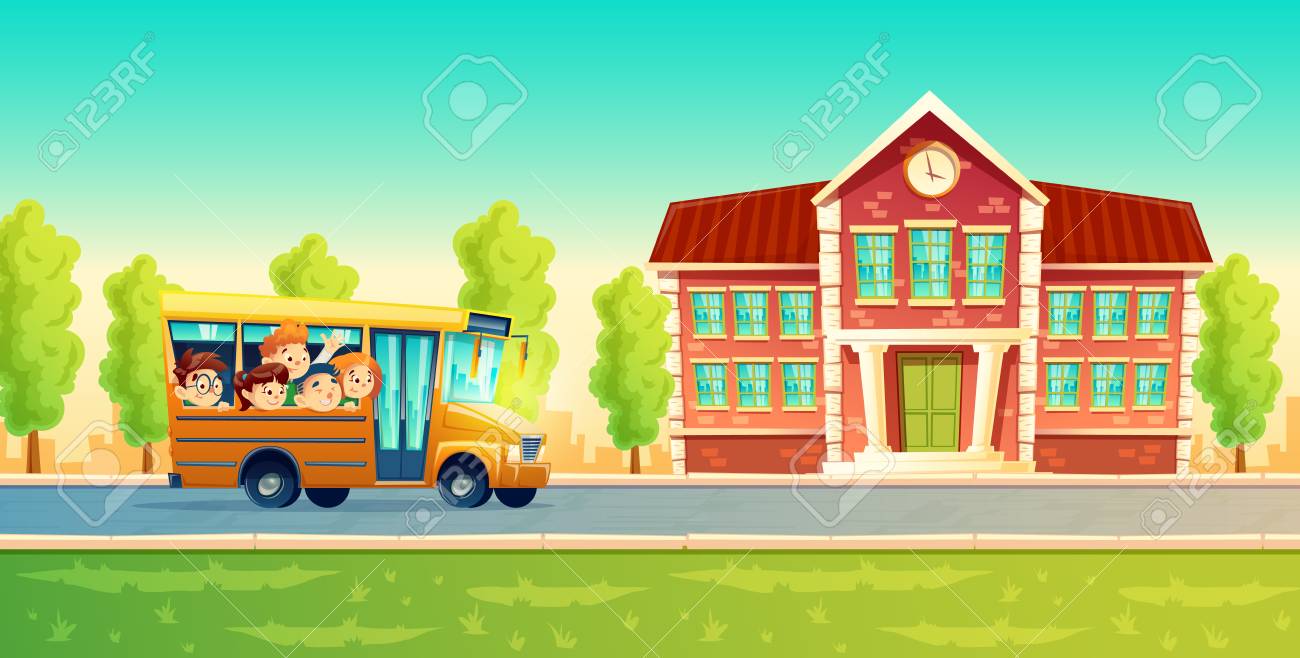 Vector cartoon colorful background with cheerful smiling kids, happy pupils, riding on yellow bus. Back to school concept illustration. Poster with group of boys and girls go on excursion or trip - 96220282 Vector cartoon colorful background with cheerful smiling kids, happy pupils, riding on yellow bus. Back to school concept illustration. Poster with group of boys and girls go on excursion or trip - 96220282