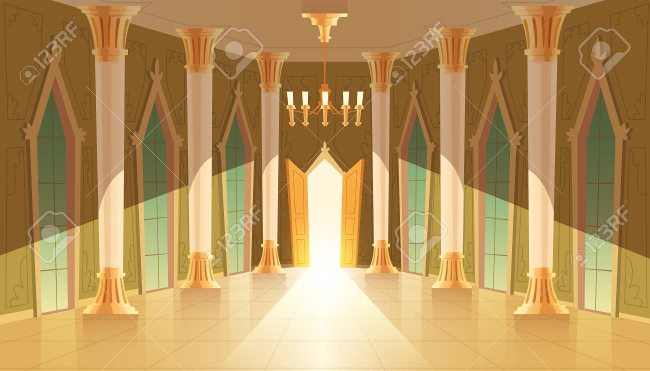 Vector castle hall, interior of ballroom for dancing, presentation or royal reception. Big room with chandelier, closed windows. Open door, light illuminates columns, pillars in luxury medieval palace - 103623795 Vector castle hall, interior of ballroom for dancing, presentation or royal reception. Big room with chandelier, closed windows. Open door, light illuminates columns, pillars in luxury medieval palace - 103623795