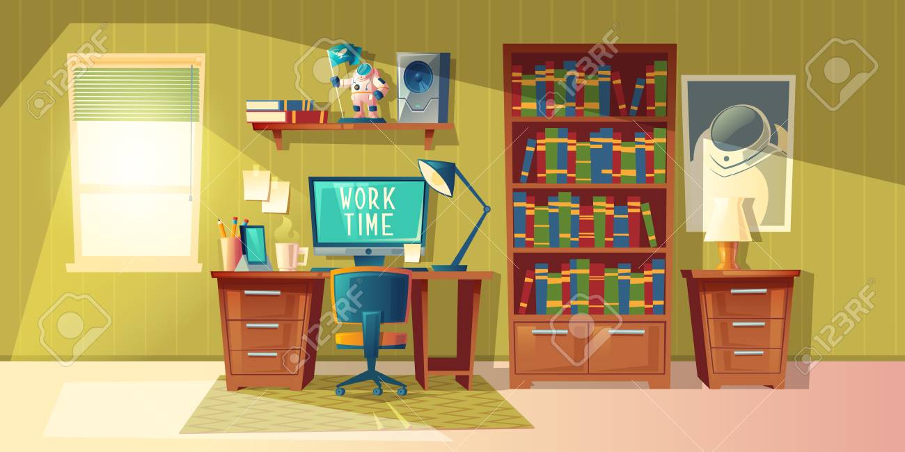 Vector Cartoon Illustration Of Empty Home Office With Bookcase, Modern  Interior With Furniture. Computer, Lamp On Table. Work Time Concept, Cozy  Room For Freelance Job Or Education Royalty Free SVG, Cliparts, Vectors,, image size:1300x650