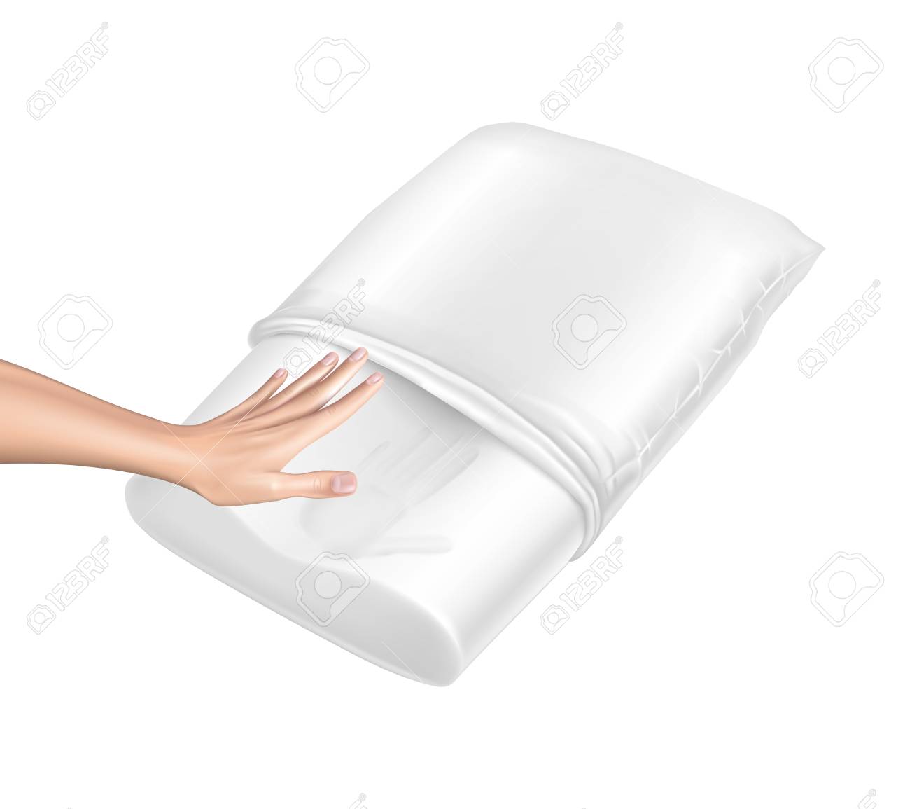 Vector 3d realistic orthopedic pillow from natural latex with memory effect. Hand touches white cozy cushion and leaves the trace. Comfortable bedding with orthopaedic, therapeutic effect - 115047862 Vector 3d realistic orthopedic pillow from natural latex with memory effect. Hand touches white cozy cushion and leaves the trace. Comfortable bedding with orthopaedic, therapeutic effect - 115047862