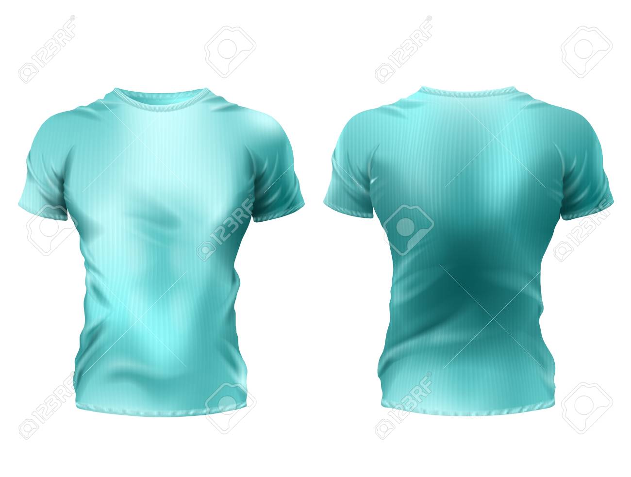 Vector 3d Realistic Male T-shirt Mockup, Blue Shirts With Short Sleeves  Isolated On White Background. Casual Unisex Sportswear, Front And Back  View, Blank Template For Print Design And Branding Royalty Free SVG,