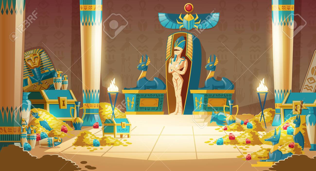 Vector Egyptian tomb - pharaoh sarcophagus with mummy, treasure and other symbols of culture. Cartoon background of ancient pyramid with gold. Anubis, Bastet sculptures, hieroglyphs and scarab. - 125916109 Vector Egyptian tomb - pharaoh sarcophagus with mummy, treasure and other symbols of culture. Cartoon background of ancient pyramid with gold. Anubis, Bastet sculptures, hieroglyphs and scarab. - 125916109