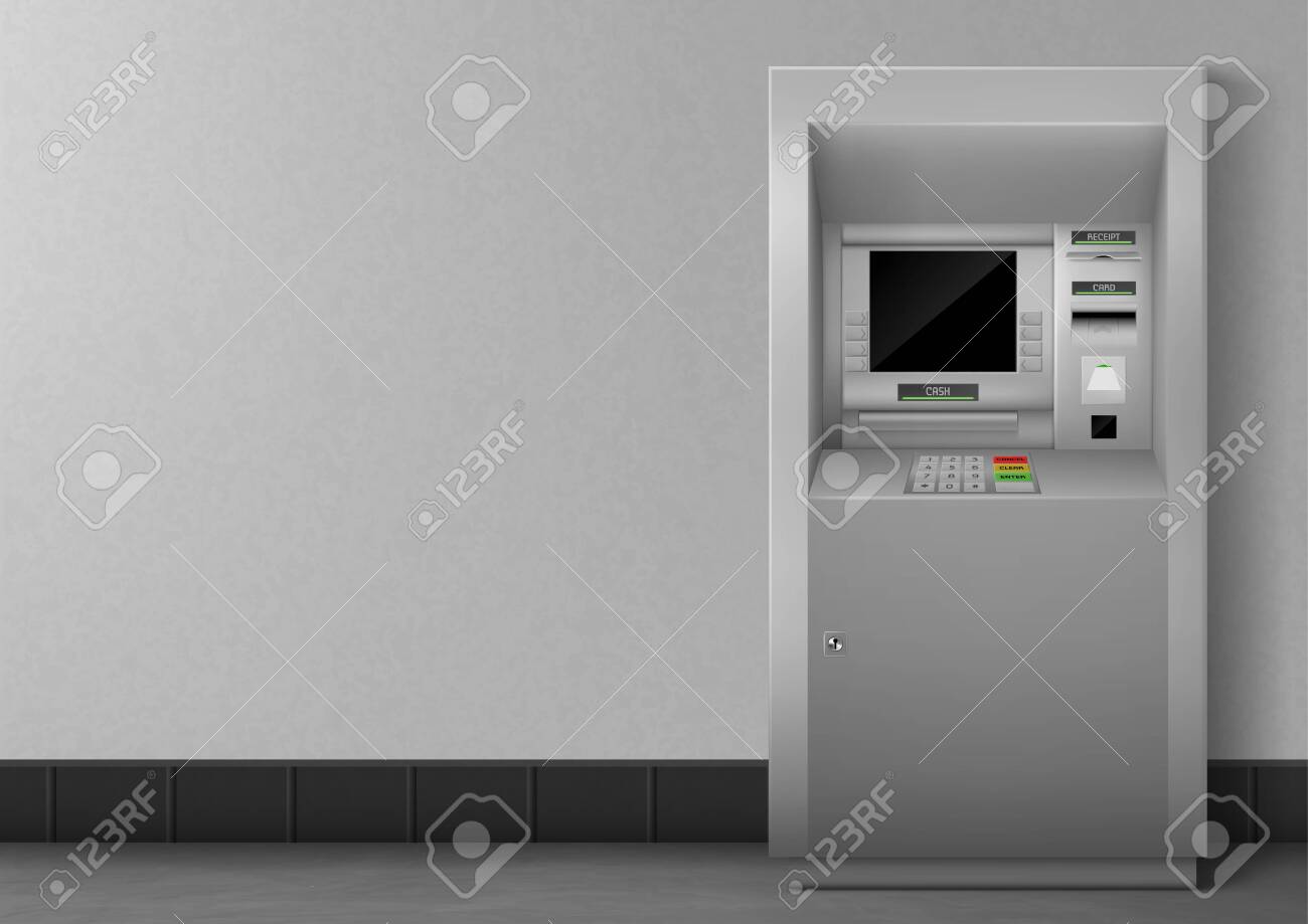 ATM with blank black display. Bank terminal for transaction, withdraw money and deposit to account. Vector illustration of realistic cash machine with copy space for your text. - 138272359 ATM with blank black display. Bank terminal for transaction, withdraw money and deposit to account. Vector illustration of realistic cash machine with copy space for your text. - 138272359