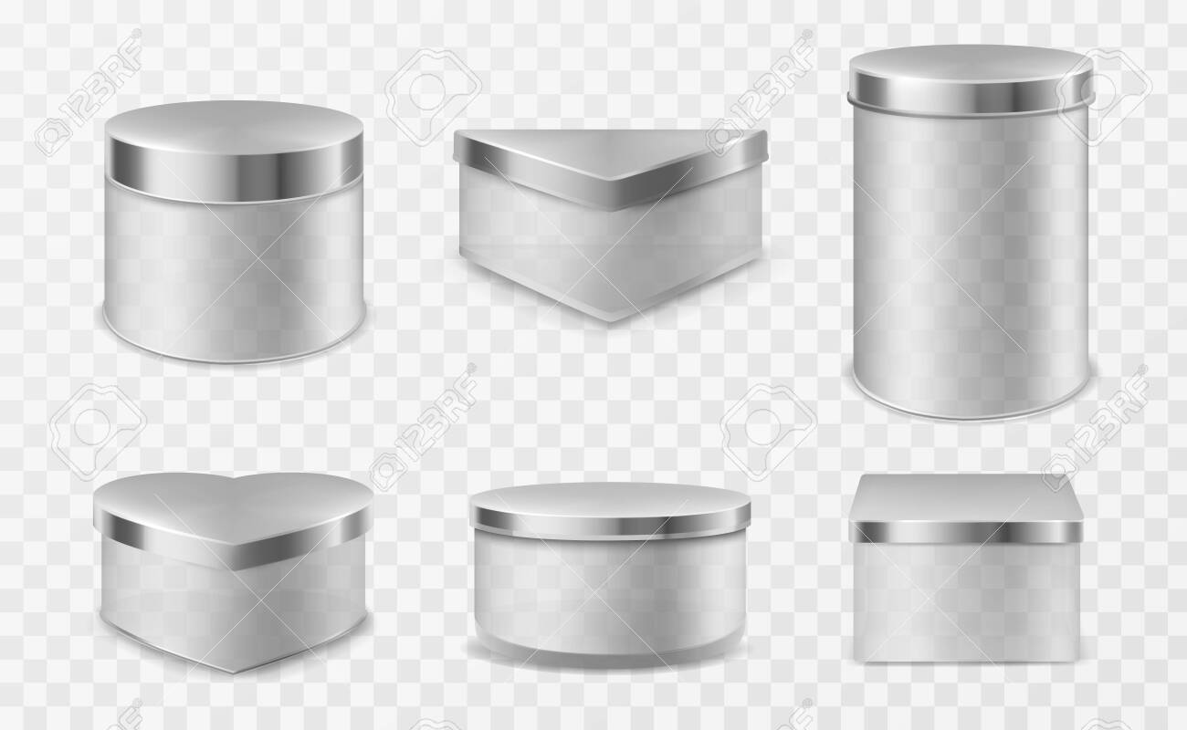 Download Glass Jar With Metal Lid Isolated On Transparent Background Vector Realistic Mockup Of Empty Clear Plastic Bottles For Jam Tea Coffee Or Cream Set Of Different Shapes Containers With Steel Cap Royalty