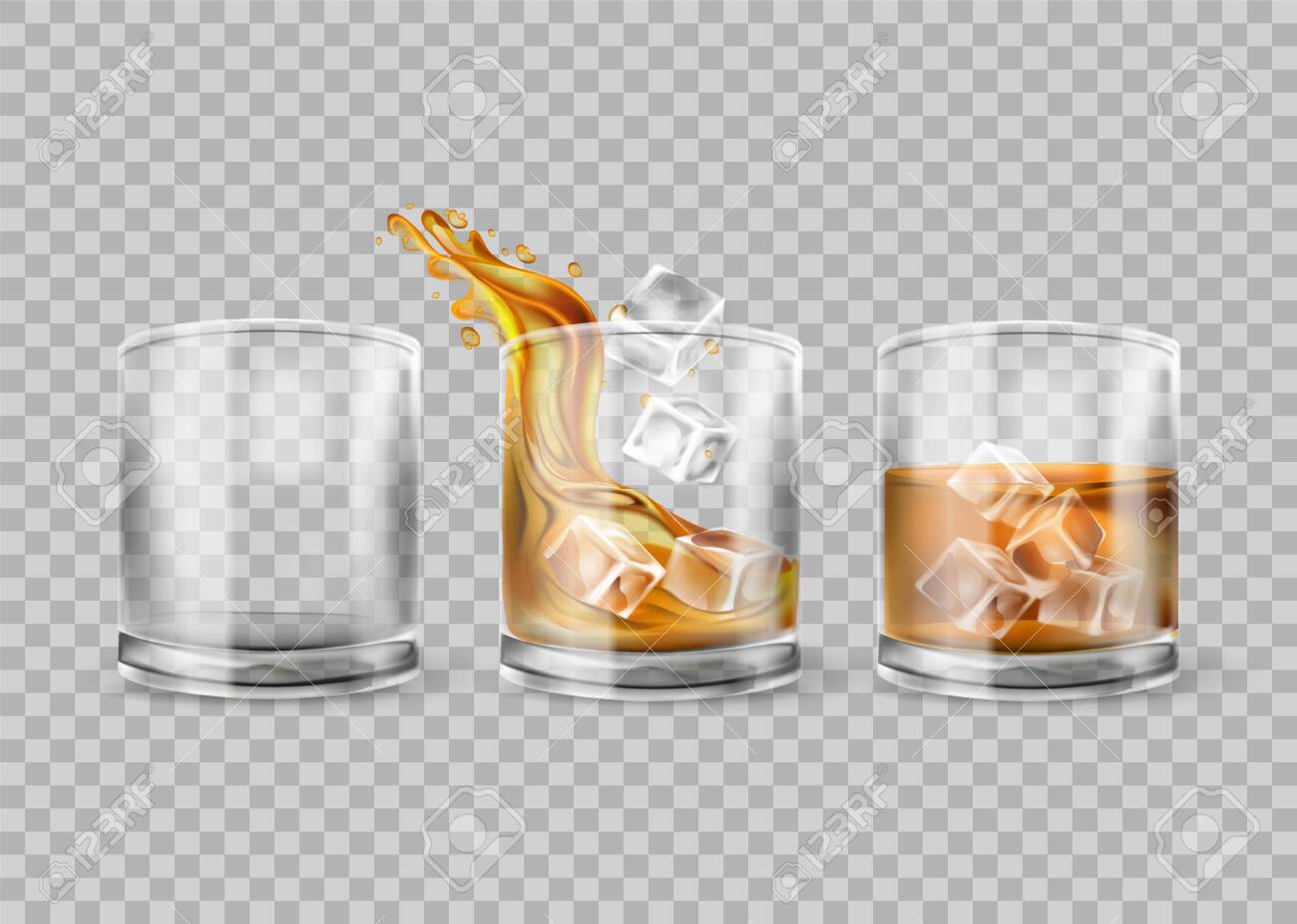 Download Vector Set Of Whiskey Glass Isolated On Transparent Background Whisky With Ice Glasses With Alcohol Drink Realistic Illustration For Bar Or Restaurant 3d Mockup Royalty Free Cliparts Vectors And Stock Illustration Image