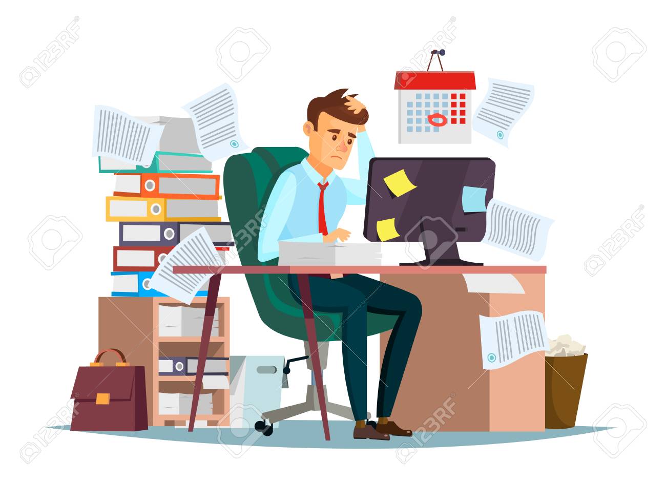 Manager sitting at computer desk with stack of documents in mess and deadline tasks sticky notes holding hand on head flat cartoon office design - 98144634 Manager sitting at computer desk with stack of documents in mess and deadline tasks sticky notes holding hand on head flat cartoon office design - 98144634