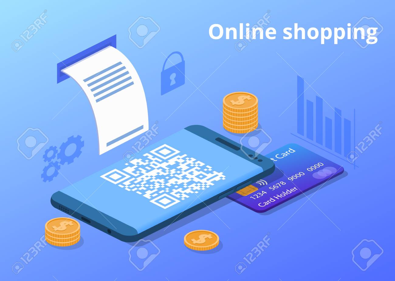 Online shopping vector illustration for digital retail and mobile trade. Credit card, money coins and shop QR code of web store purchase receipt in smartphone with secure payment technology - 106133001 Online shopping vector illustration for digital retail and mobile trade. Credit card, money coins and shop QR code of web store purchase receipt in smartphone with secure payment technology - 106133001