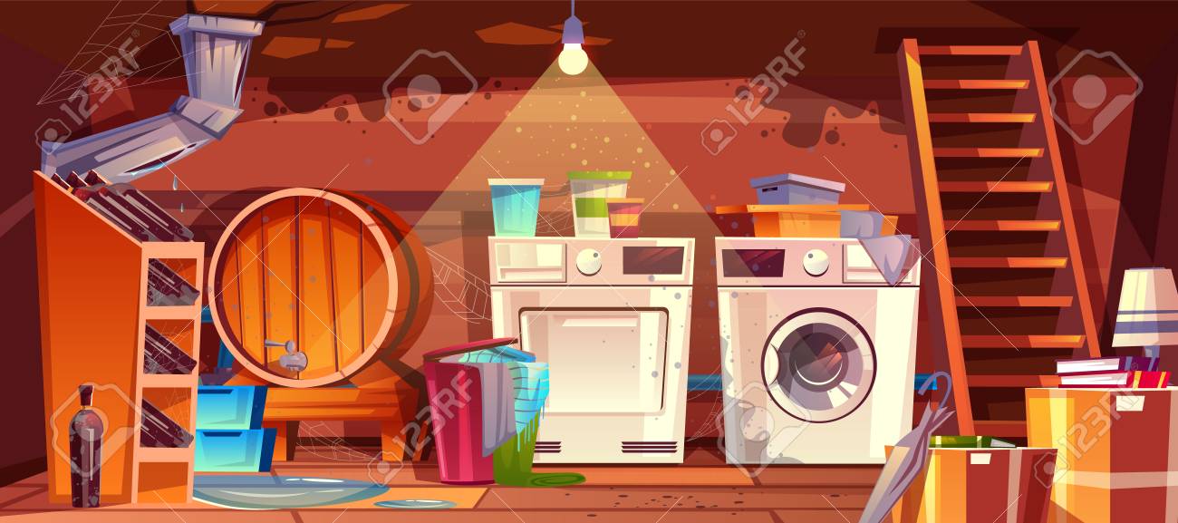 Cellar with leakage flood and black mould on walls vector illustration. House basement or wine vault with barrel, bottles or laundry dryer and washing machine, cartoon dirty shabby interior background - 109738616 Cellar with leakage flood and black mould on walls vector illustration. House basement or wine vault with barrel, bottles or laundry dryer and washing machine, cartoon dirty shabby interior background - 109738616
