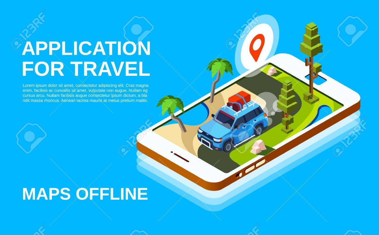 Maps For Traveling By Car Travel Application Illustration Of Car And Road Map In Smartphone Screen  Display. Holiday Trip Navigation Poster For Offline Maps Mobile App Design  With Location Pin And Route Plan Stock Photo, Picture And
