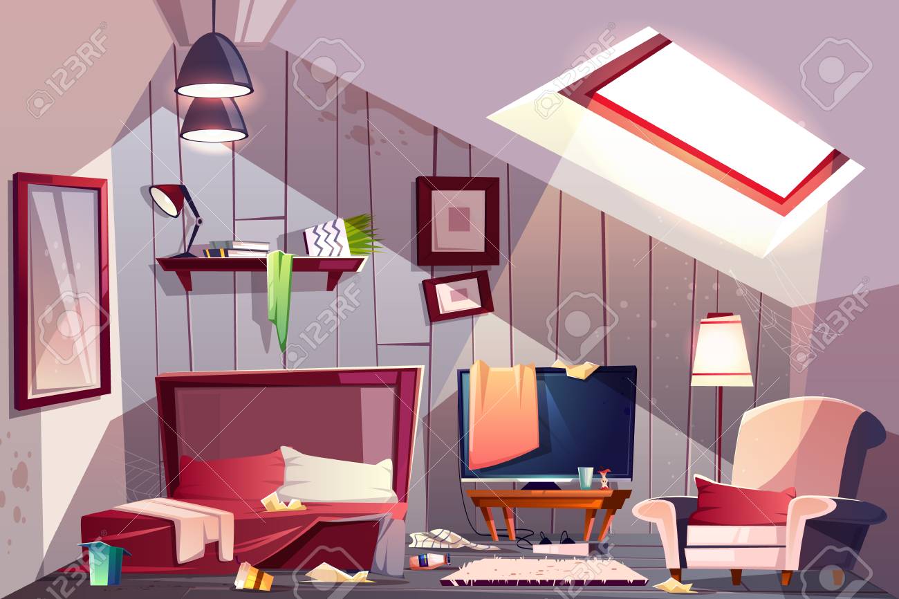 Messy attic bedroom or guest room on garret interior with scattered clothes, stained walls and spider web in corners cartoon vector illustration. Bad household, cleaning at home, messy guests concept - 126716035 Messy attic bedroom or guest room on garret interior with scattered clothes, stained walls and spider web in corners cartoon vector illustration. Bad household, cleaning at home, messy guests concept - 126716035