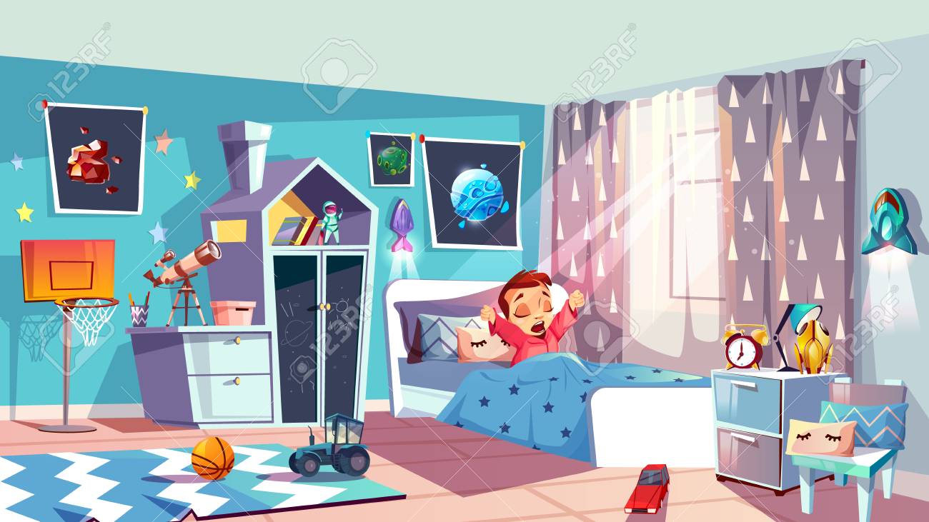 Child Bedroom Interior Cartoon Vector With Furniture Telescope