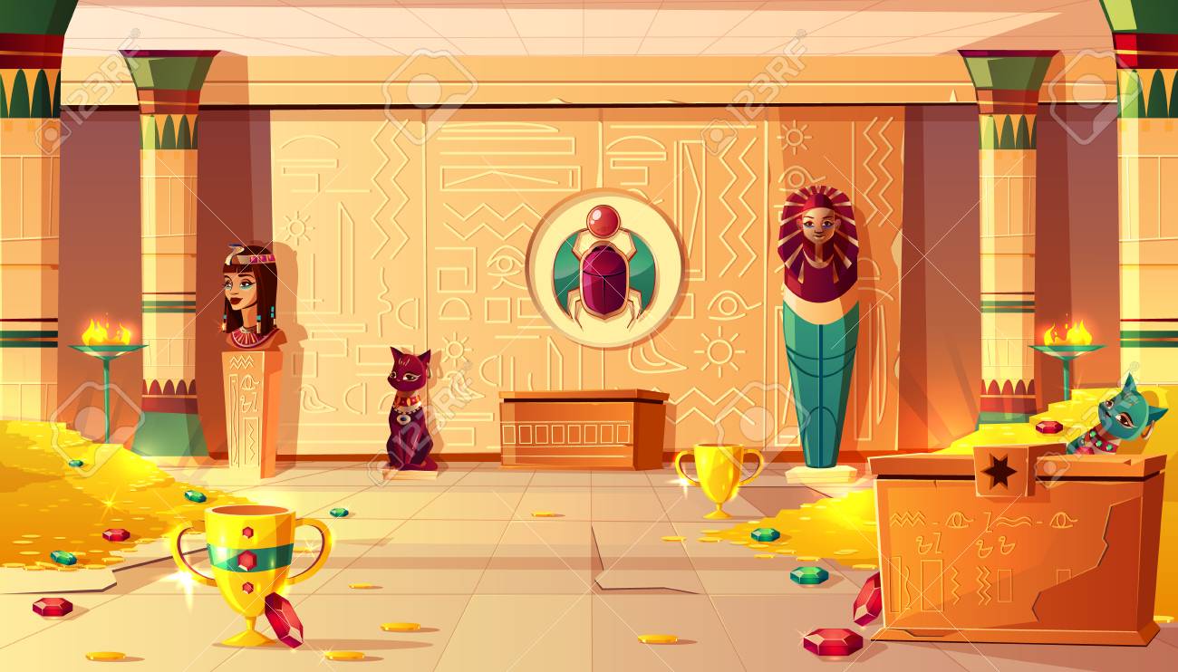 Vector Egyptian pyramid cartoon background. Tomb interior - bust of queen, pharaoh sarcophagus, ancient pillar and treasures, jewelry. Bastet sculpture, hieroglyphs on wall and scarab. Gold and gems. - 117915055 Vector Egyptian pyramid cartoon background. Tomb interior - bust of queen, pharaoh sarcophagus, ancient pillar and treasures, jewelry. Bastet sculpture, hieroglyphs on wall and scarab. Gold and gems. - 117915055