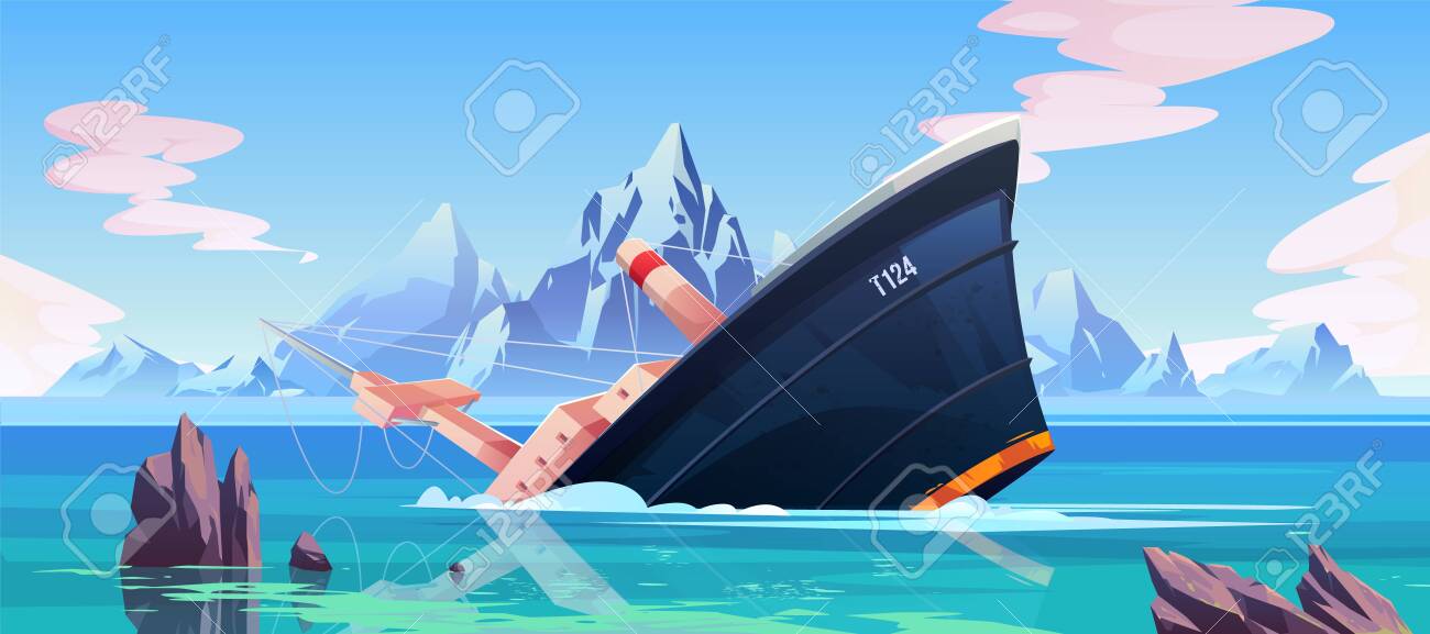 Shipwreck accident, ship run aground sinking in ocean, vessel going under water surface on seascape background with rocks, mountains and cloudy sky, marine transport crash. Cartoon vector illustration - 134172712 Shipwreck accident, ship run aground sinking in ocean, vessel going under water surface on seascape background with rocks, mountains and cloudy sky, marine transport crash. Cartoon vector illustration - 134172712