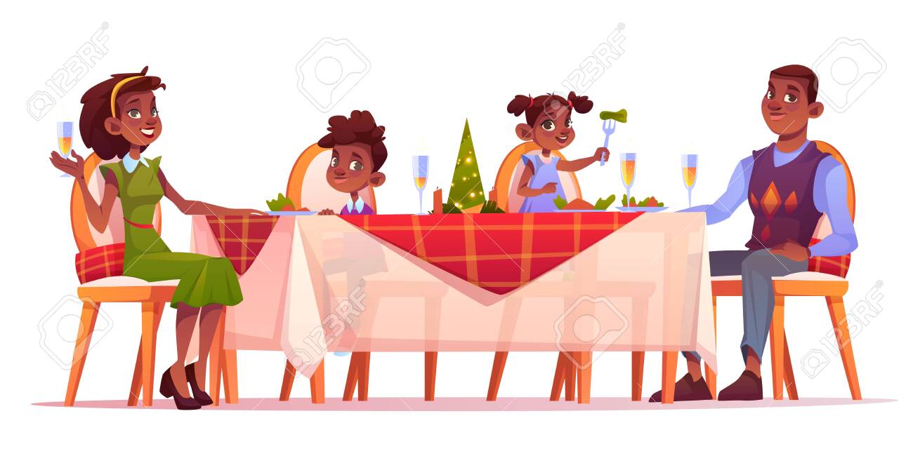 Christmas Dinner, Happy Family Sitting At Festive Served Decorated Table  With Food, Afro-american Dark Skin Mother Father And Kids Celebrate Winter  Holidays. Cartoon Vector Illustration, Clip Art Royalty Free SVG, Cliparts,  Vectors,, image size:1300x650