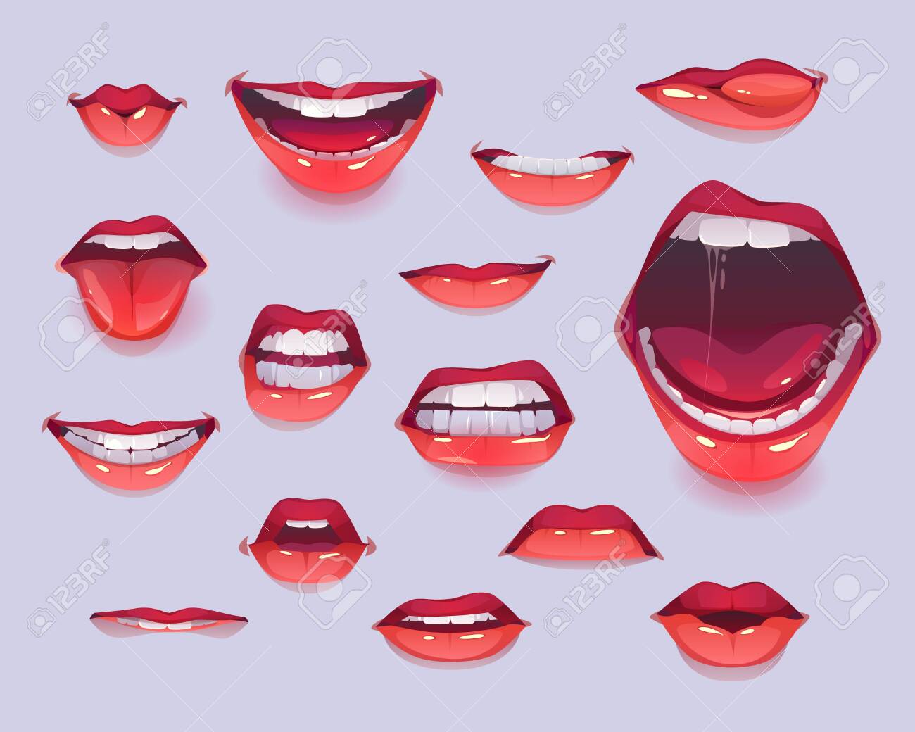 Woman mouth set. Red lips expressing different emotions as happy smiling, shouting, show tongue, kiss, angry gritting teeth. Design elements, icons, stickers. Cartoon vector illustration clip art - 138080566 Woman mouth set. Red lips expressing different emotions as happy smiling, shouting, show tongue, kiss, angry gritting teeth. Design elements, icons, stickers. Cartoon vector illustration clip art - 138080566