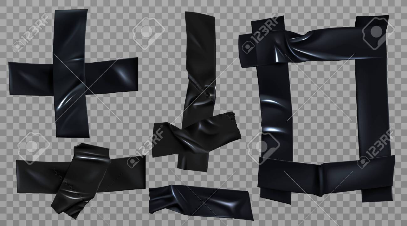 Black duct tape set. Insulating adhesive stripe, square and cross shape, glued sticky scotch pieces for fix, repair or packaging isolated on transparent background Realistic 3d vector illustration - 138590131 Black duct tape set. Insulating adhesive stripe, square and cross shape, glued sticky scotch pieces for fix, repair or packaging isolated on transparent background Realistic 3d vector illustration - 138590131