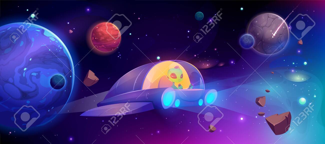Alien en vaisseau spatial volant dans le cosmos entre les planètes. illustration futuriste de dessin animé de vecteur de fusée d'ovni dans l'espace extra-atmosphérique, galaxie avec des étoiles et soucoupe extraterrestre - 137070977 Alien en vaisseau spatial volant dans le cosmos entre les planètes. illustration futuriste de dessin animé de vecteur de fusée d'ovni dans l'espace extra-atmosphérique, galaxie avec des étoiles et soucoupe extraterrestre - 137070977