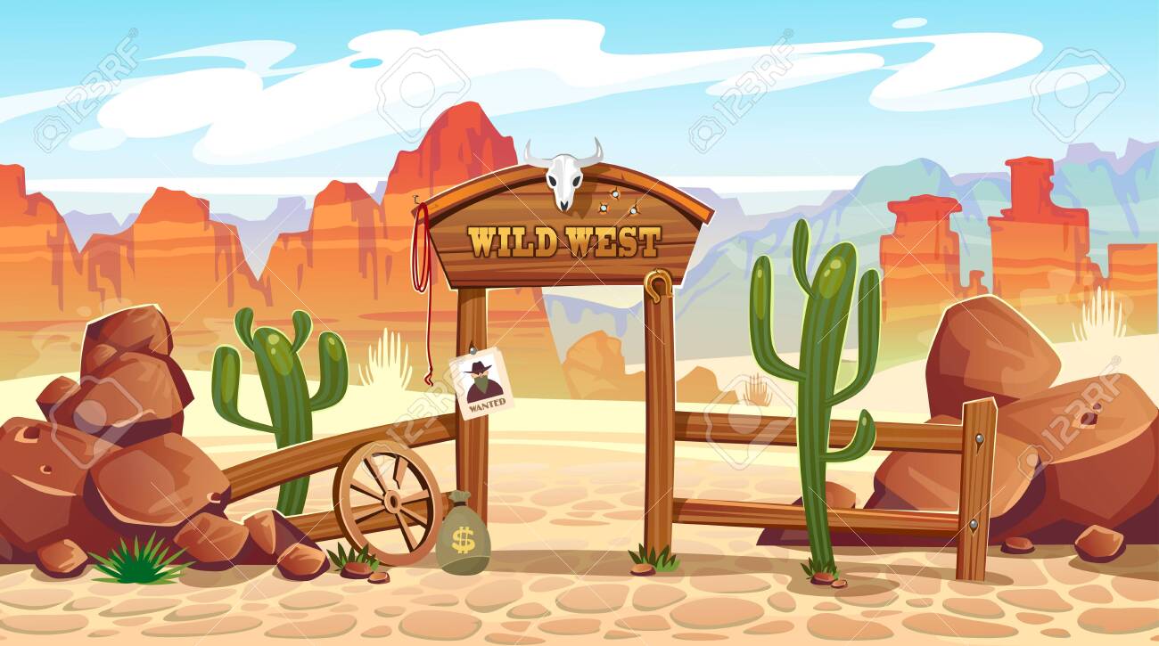 Wild West Cartoon Illustration With Cacti, Stones And Mountains. Vector Western  Illustration Клипарты, SVG, векторы, и Набор Иллюстраций Без Оплаты  Отчислений. Image 123990211