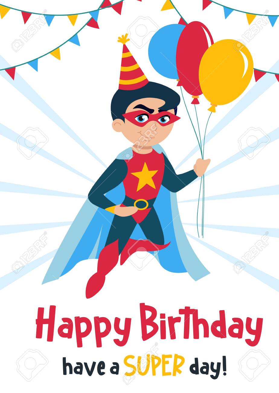 Cute Happy Birthday Greeting Card With Boy Vector Illustration Intended For Superhero Birthday Card Template