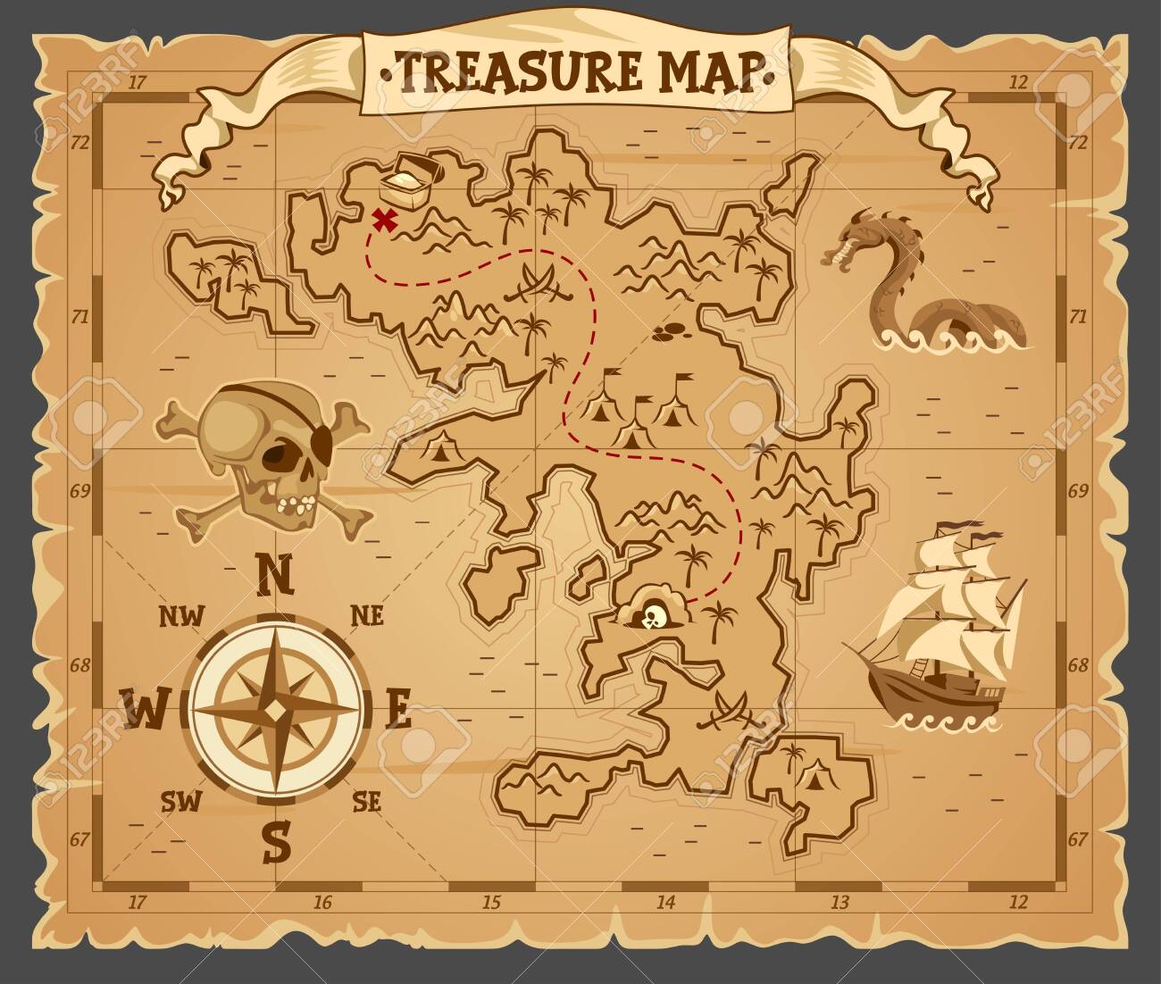 https://previews.123rf.com/images/vectorprodesign/vectorprodesign2004/vectorprodesign200400030/144164387-pirate-treasure-map-on-ruined-old-parchment-vector-illustration-antique-paper-with-cross-red-mark.jpg