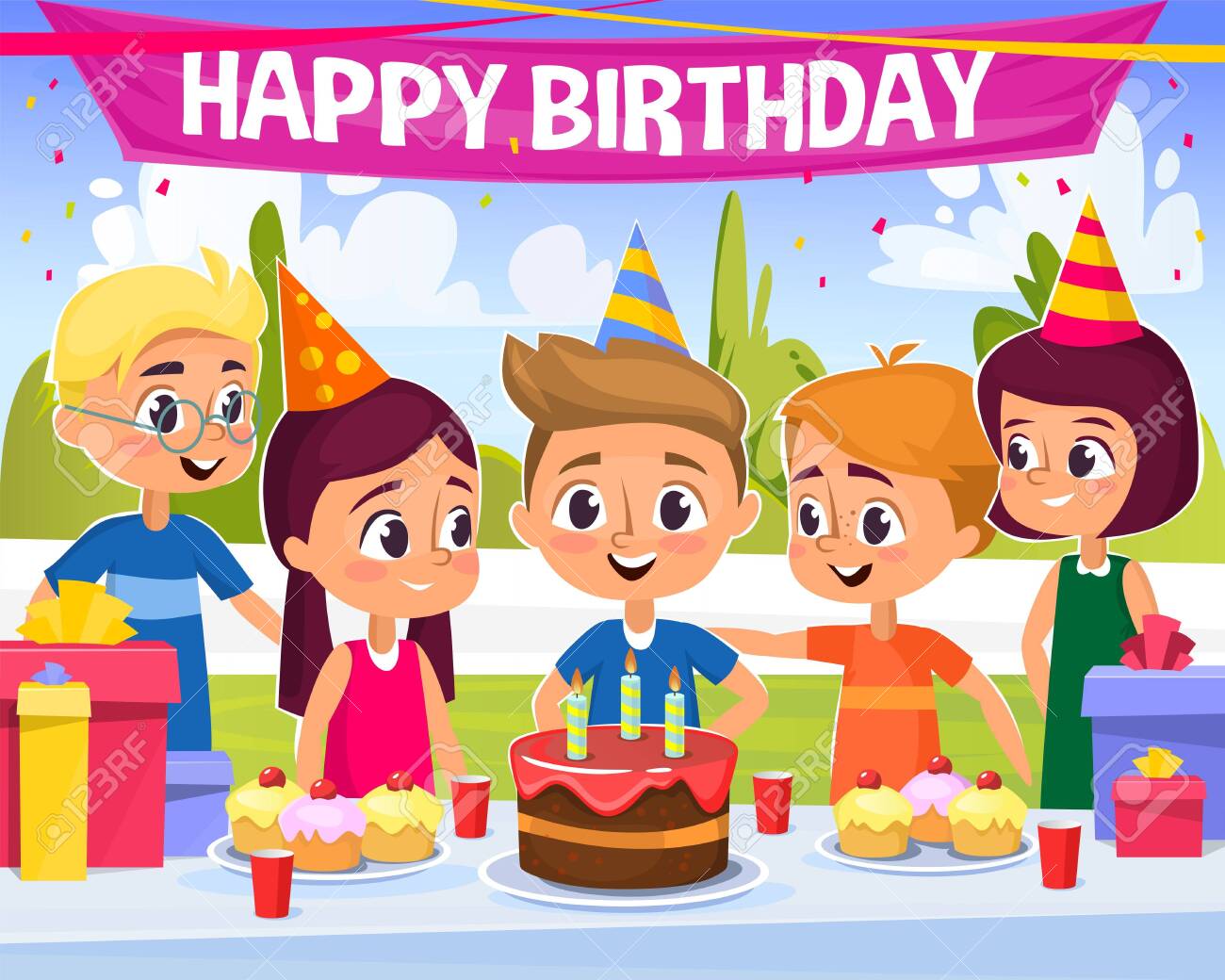 Birthday Party Illustration With Happy Kids In Caps Partying On The Open Air And A Table Birthday Party Illustration With Happy Kids In Caps Partying On The Open Air And A Table