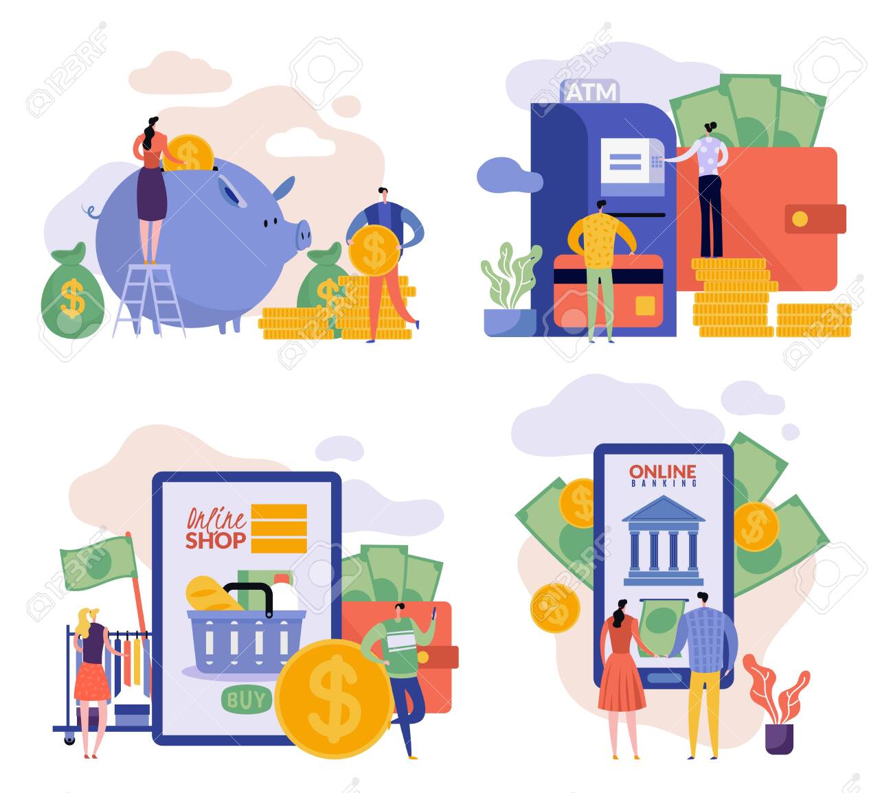flat illustrations with man and woman family budget online family budget