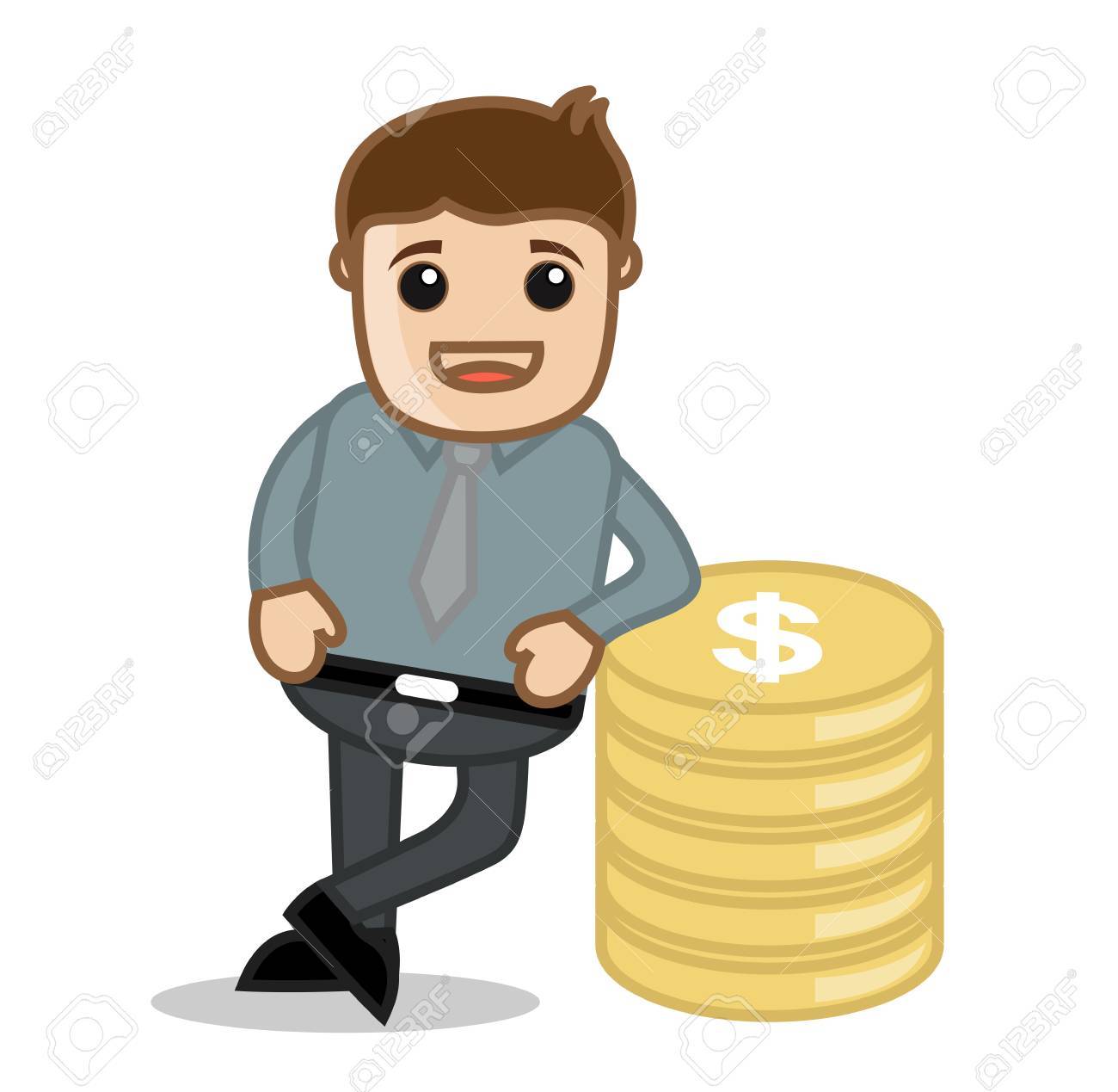 standing with gold money office and business cartoon character