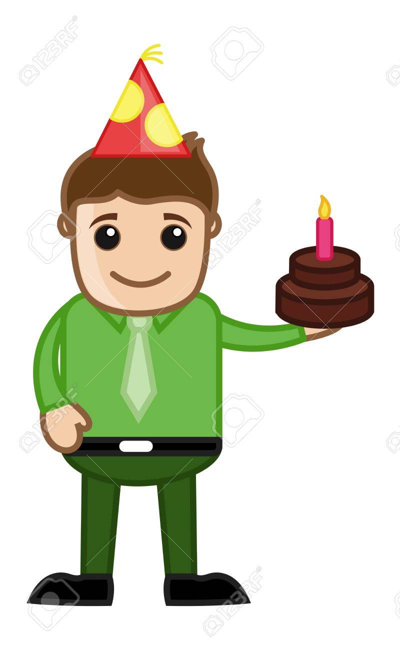 L Homme Avec Le Gateau D Anniversaire Personnage De Dessin Anime D Affaires Clip Art Libres De Droits Vecteurs Et Illustration Image