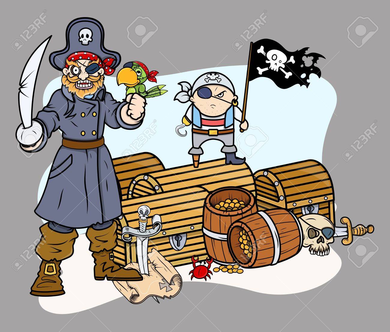 黒の海賊の船長と宝 ベクターの漫画イラストのチームのイラスト素材 ベクタ Image 黒の海賊の船長と宝 ベクターの漫画イラストのチームのイラスト素材 ベクタ Image