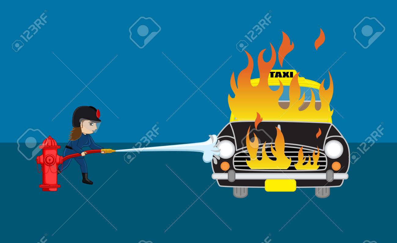 Firefighter Trying to Extinguish the Burning Car with Fire Hose - 55068143 Firefighter Trying to Extinguish the Burning Car with Fire Hose - 55068143