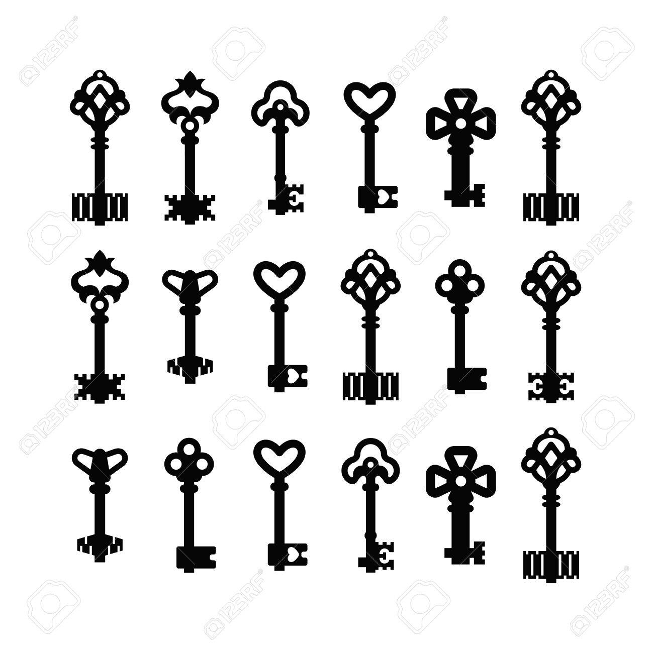 白い背景に分離されたヴィンテージの旧式なドアの鍵キー アクセス家庭用ヴィンテージ キー レトロなドア金属セキュリティ ビンテージ鍵とヴィンテージ鍵の安全な家の装飾を実行します 装飾キー シルエットのイラスト素材 ベクタ Image