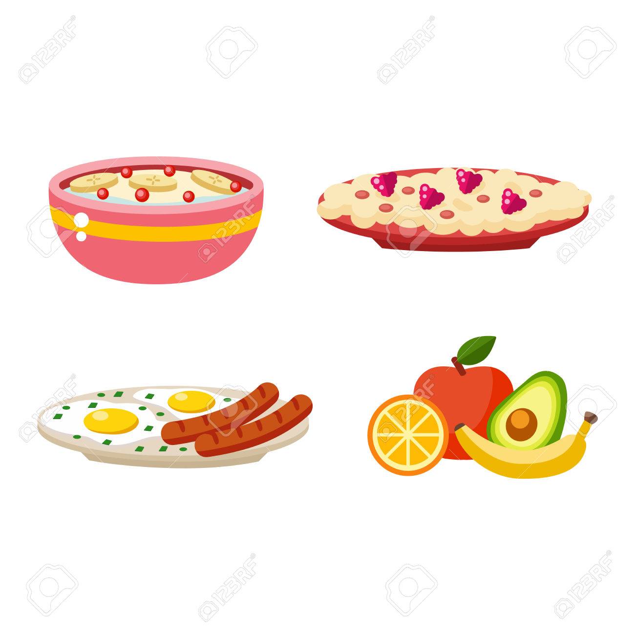 健康的な栄養タンパク質脂肪炭水化物朝食バランスの取れた食事 調理 料理と食品の概念ベクトル 健康的な朝食栄養野菜果物 肉の栄養 朝の朝食のイラスト素材 ベクタ Image