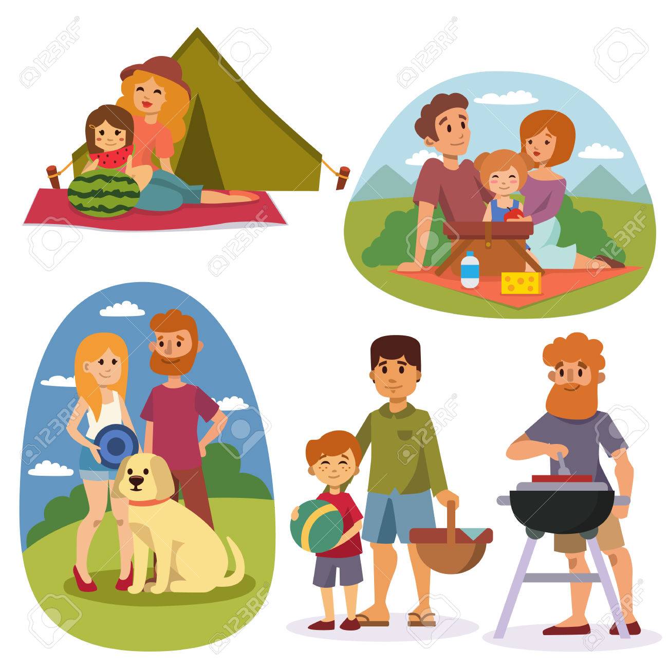 Happy Family Enjoying Picnic on Meadow in Park Cartoon Vector Illustration. Parents Having Fun, Lunching, Playing with Kids on Weekend Leisure. Dinner on Nature, Summer Vacations, Outdoor Activities Stock Vector