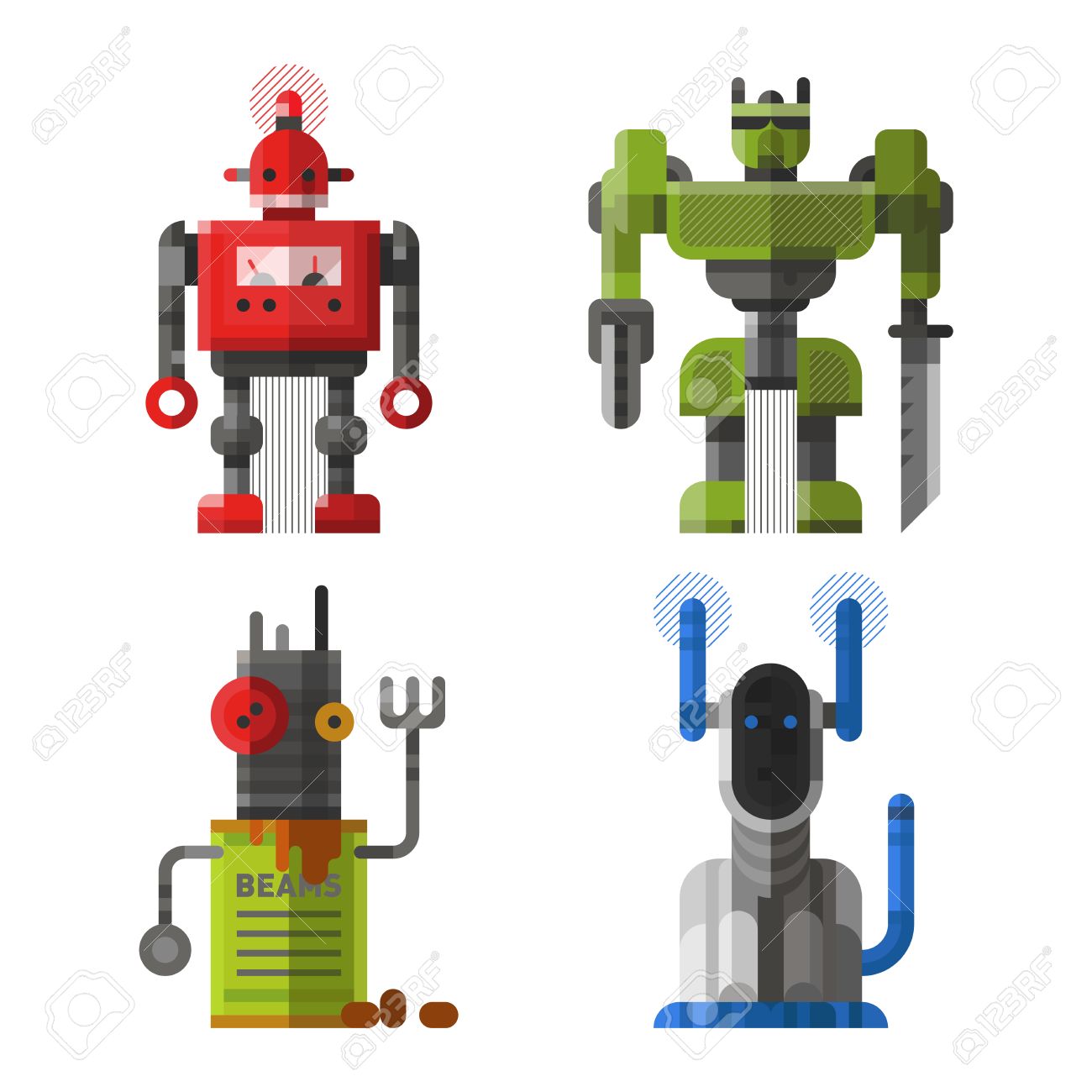 ビンテージのかわいいロボットのベクトルのセットです ロボット技術マシン未来科学おもちゃ サイボーグの未来的なデザインのロボットおもちゃのロボット コレクションかわいい要素のアイコンの文字 漫画のロボット のイラスト素材 ベクタ Image