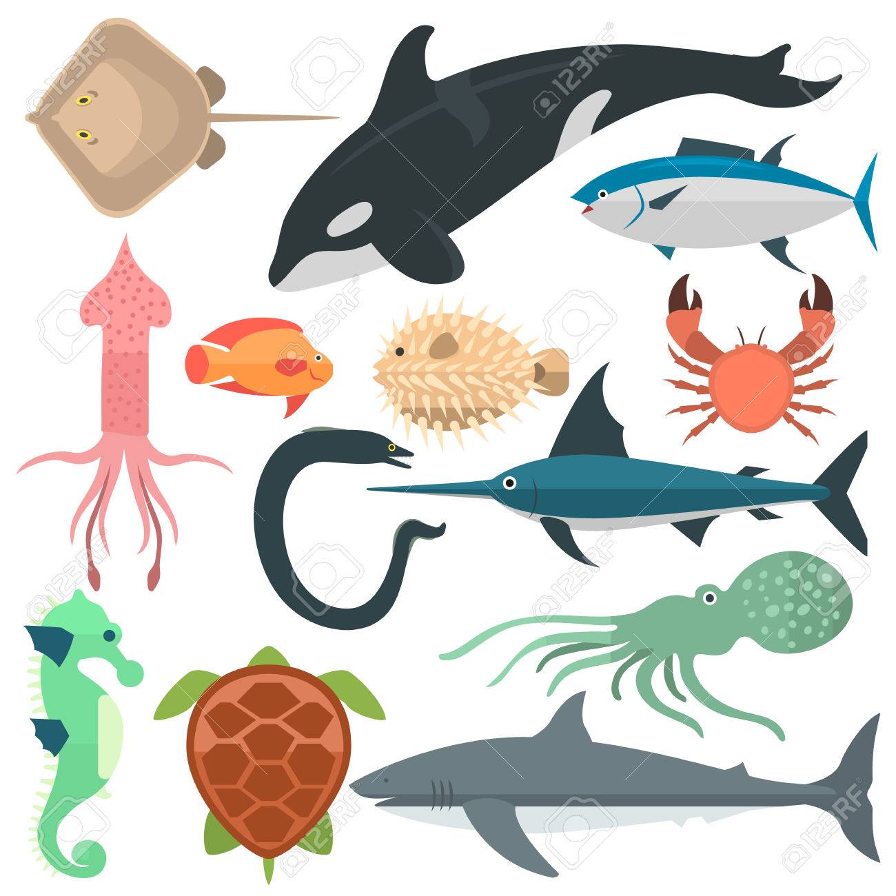Jeu De Caractères De Créatures Mignonnes Animaux Marins Vectorielles Dessin Animé Océan Animaux Marins De Crabe Sous Marin Mignon Aquarium Vie