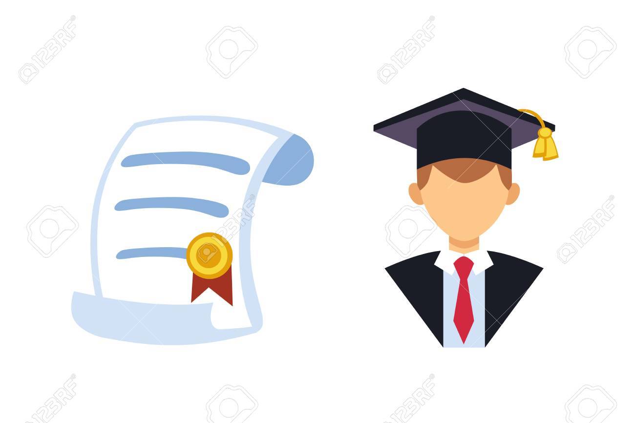 卒業男シルエット制服アバター ベクトル イラスト 学生教育は大学卒業ガウン フラット達成の文字成功 証明書の知識の人 のイラスト素材 ベクタ Image