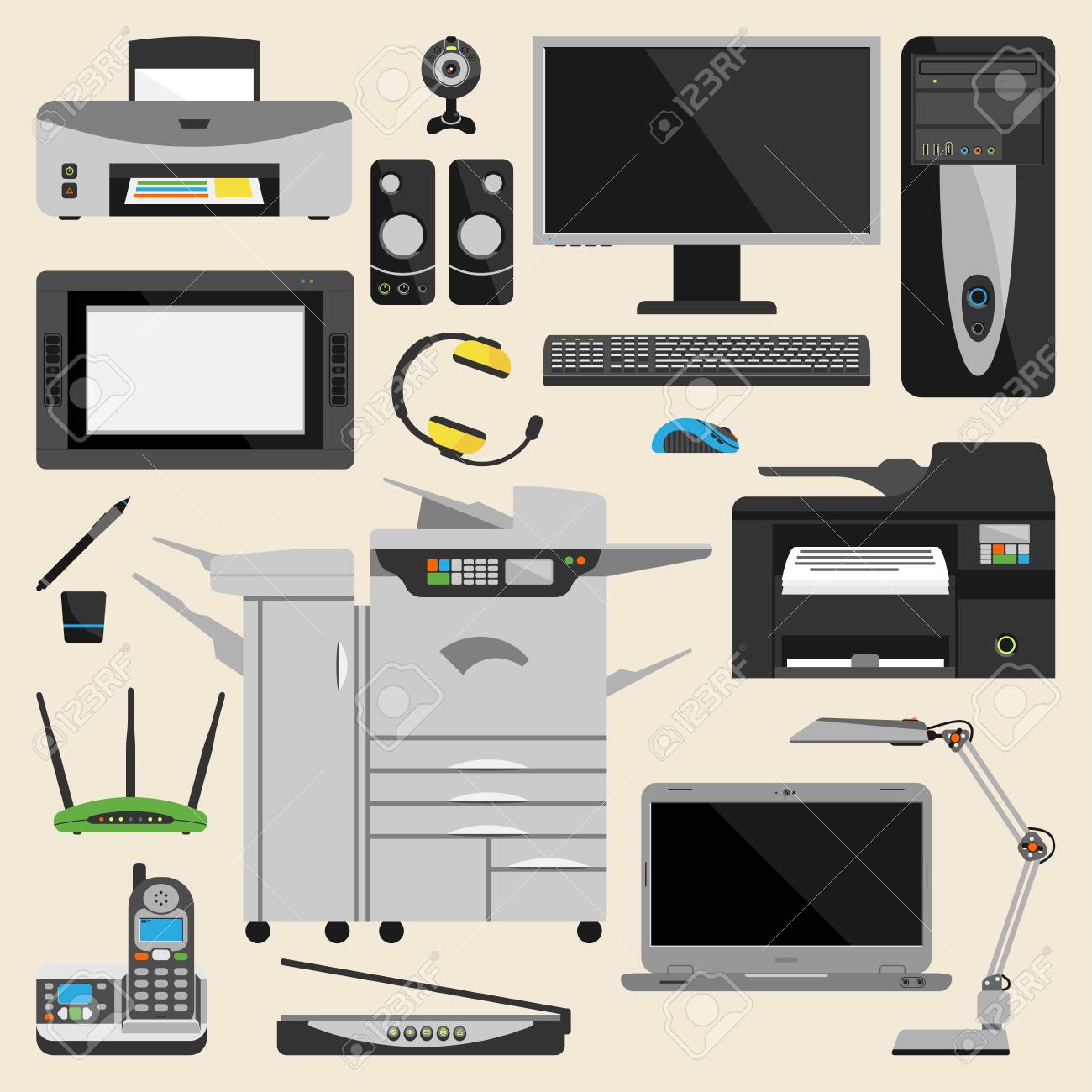 Computer Office Equipment Vector Royalty Free SVG, Cliparts, Vectors, and  Stock Illustration. Image 75200875., image size:1300x1300