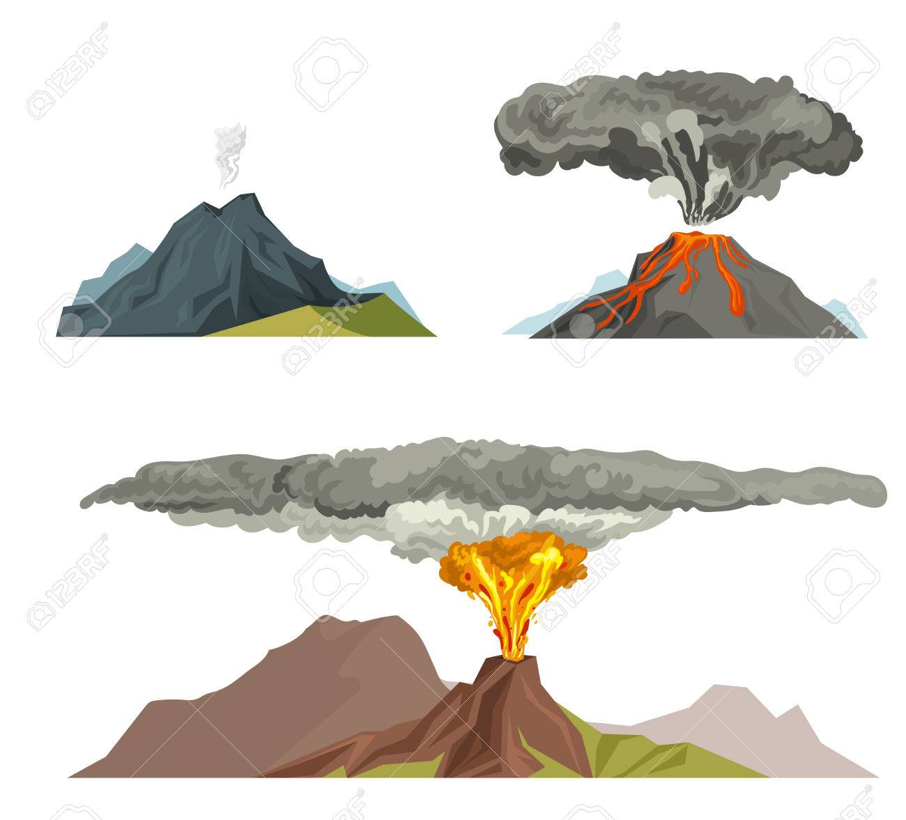 煙の火山噴火溶岩山ベクトル図と爆破火山マグマの性質のイラスト素材 ベクタ Image