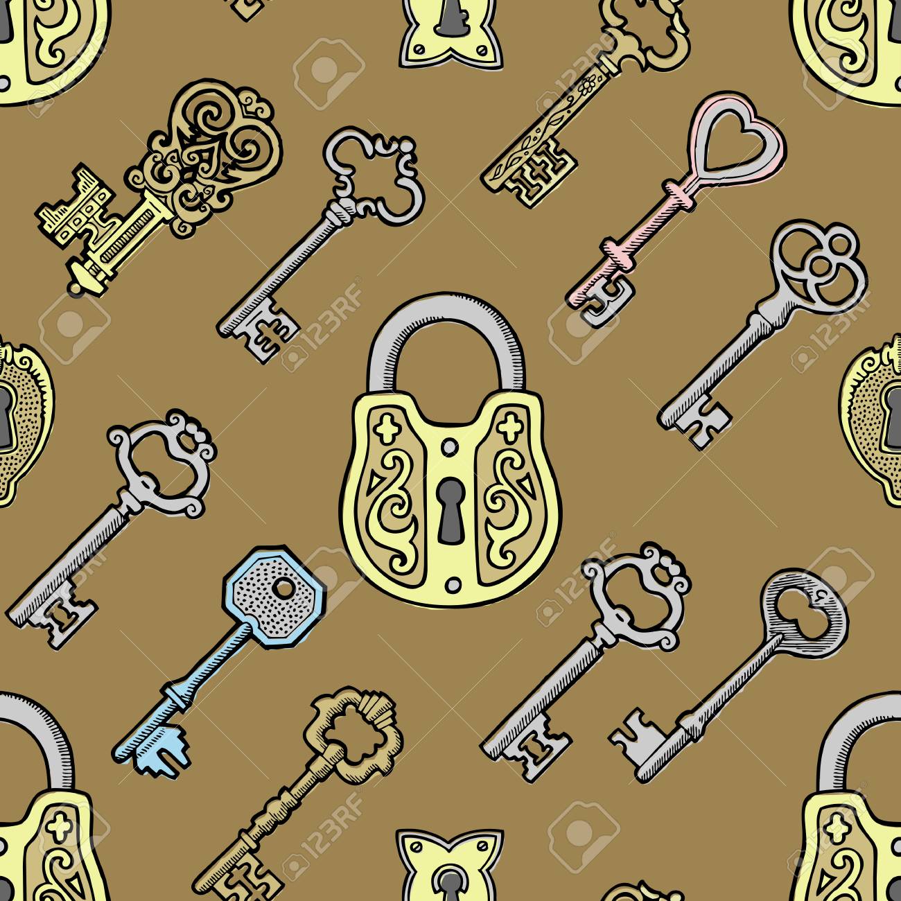 鍵ヴィンテージ古いスケッチ レトロなロックのベクトル イラスト アンティーク キーストーン開いたドア鍵穴セキュリティ秘密のビクトリア朝の設計記号 Iseamless パターン背景からロック の写真素材 画像素材 Image